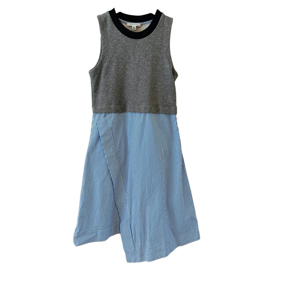 Carven Striped Tank Dress Womens XS Gray Blue Hi Low Jersey Mixed Media Pockets